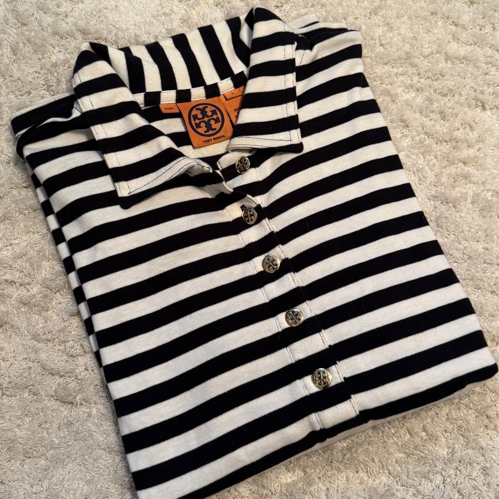 Tory Burch Black and White Striped Long Sleeved Polo in Size Large